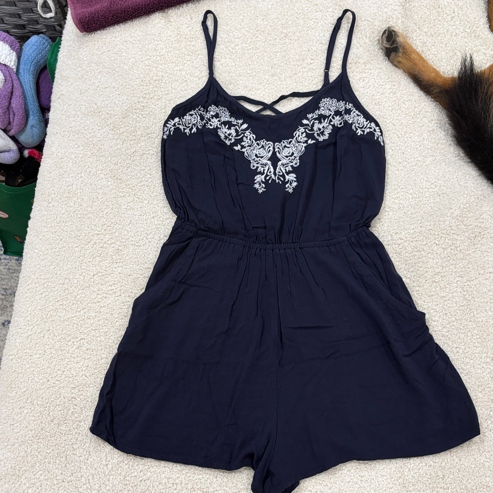 H&M Blue Romper with Floral Embroidery